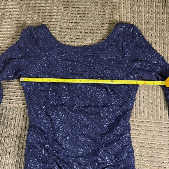 Aidan Mattox Navy Sequin Rouched Detail Low Back Long Sleeve Dress - Picture 5 of 7